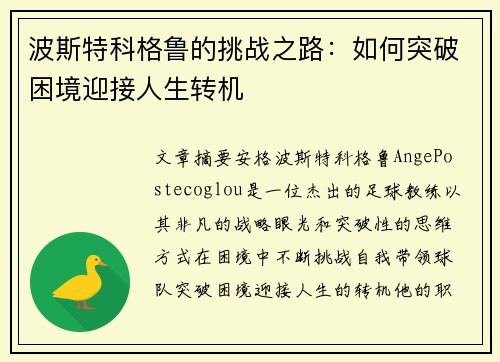 波斯特科格鲁的挑战之路：如何突破困境迎接人生转机