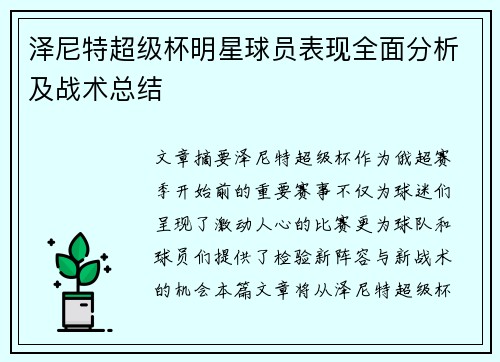 泽尼特超级杯明星球员表现全面分析及战术总结